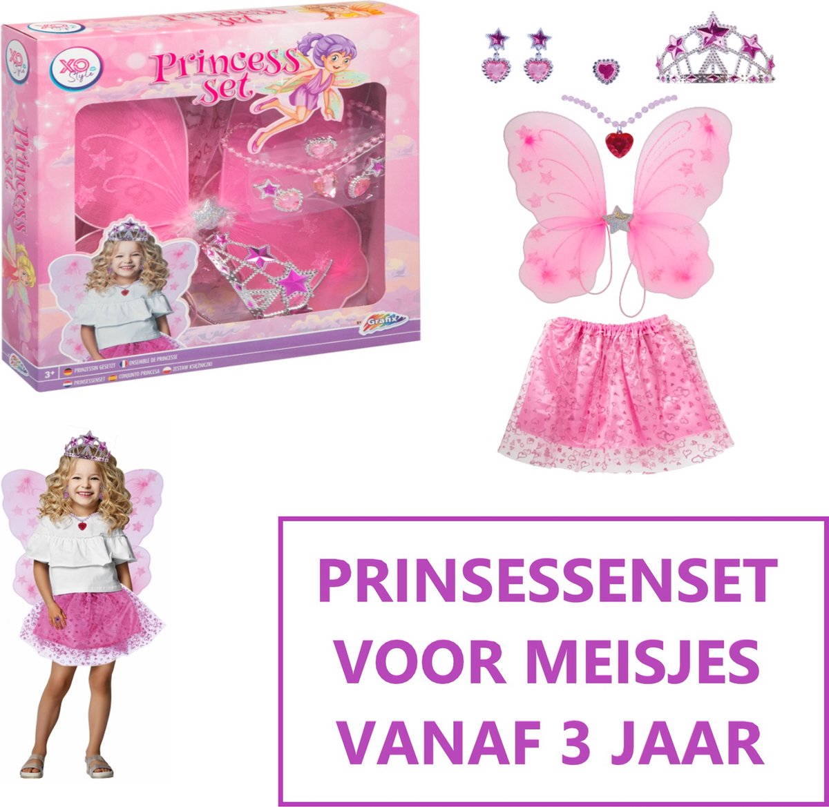 Grafix® Prinsessenset Accessoireset Verkleedkleding | Thema Prinses | Voor meisjes vanaf 3 jaar | Kroon - Oorbellen - Ketting -  Feeënvleugels - rokje | Volledige outfit Prinsessen Thema